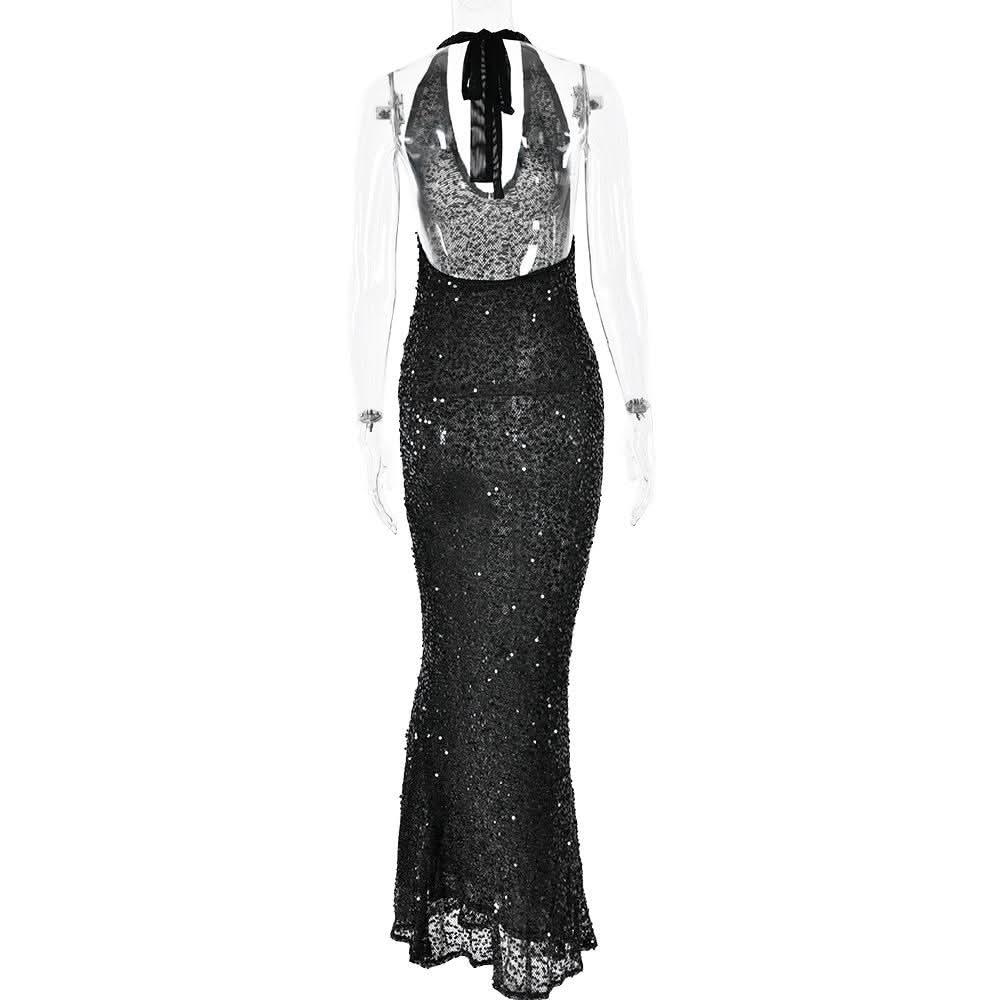 Halter self tie glitter u neck low cut backless maxi dress  | Festival Outfits Women