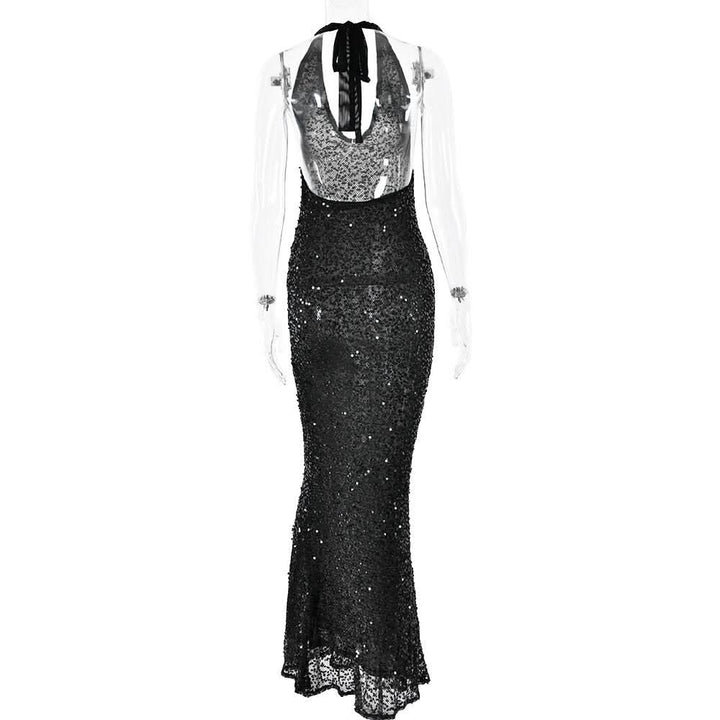 Halter self tie glitter u neck low cut backless maxi dress  | Festival Outfits Women