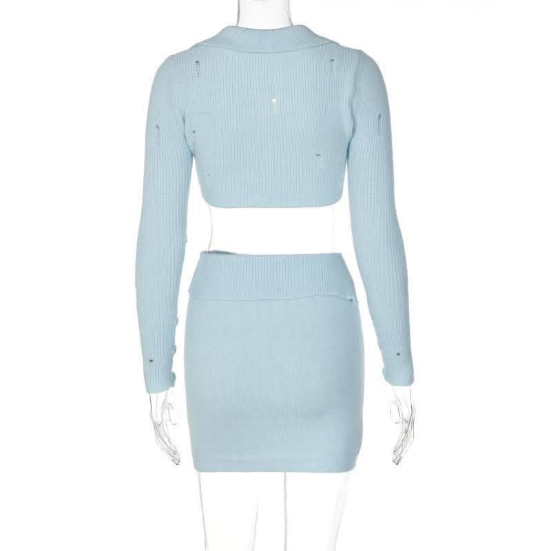 Button knitted solid long sleeve turnover collar mini skirt set-final-sale  | Festival Outfits Women