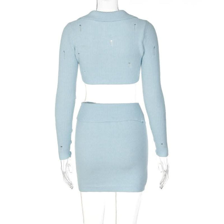 Button knitted solid long sleeve turnover collar mini skirt set-final-sale  | Festival Outfits Women