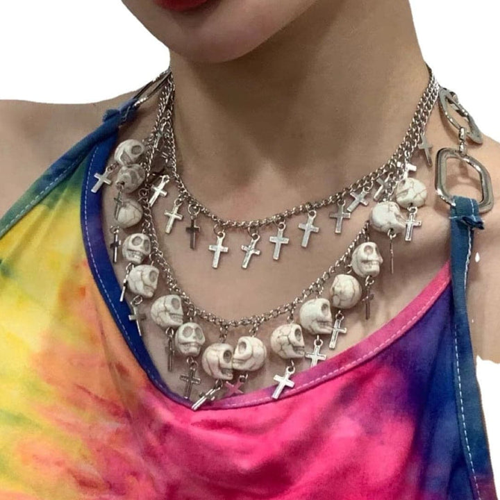 Skull pendant layered metal chain choker necklace  | Festival Outfits Women