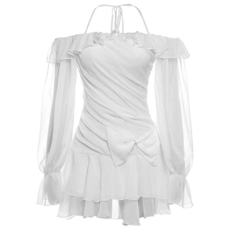 Halter off shoulder chiffon bowknot ruffle mini dress  | Festival Outfits Women