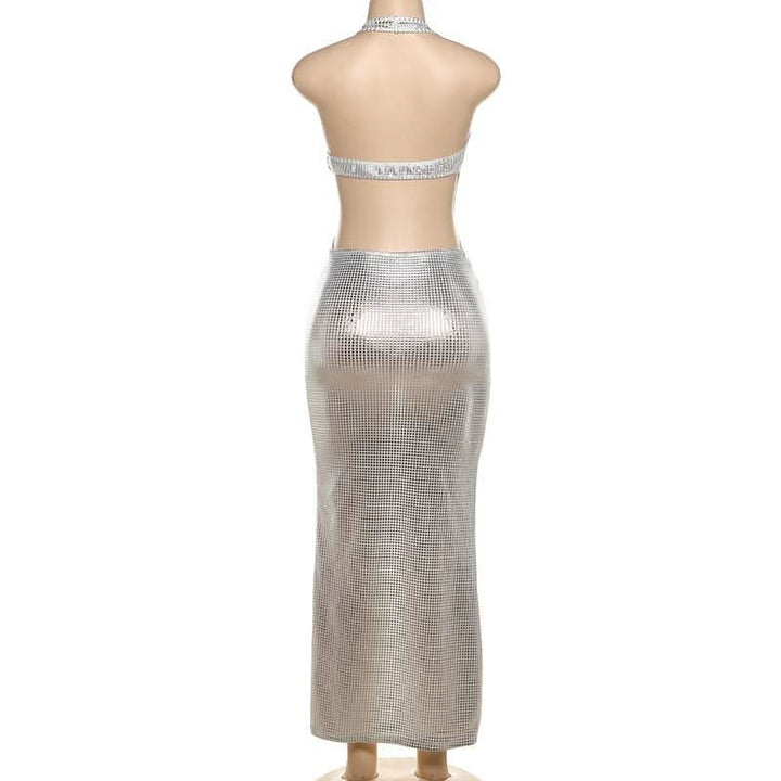 Halter deep V neck slit plaid hollow out cut out maxi dress-final-sale  | Festival Outfits Women