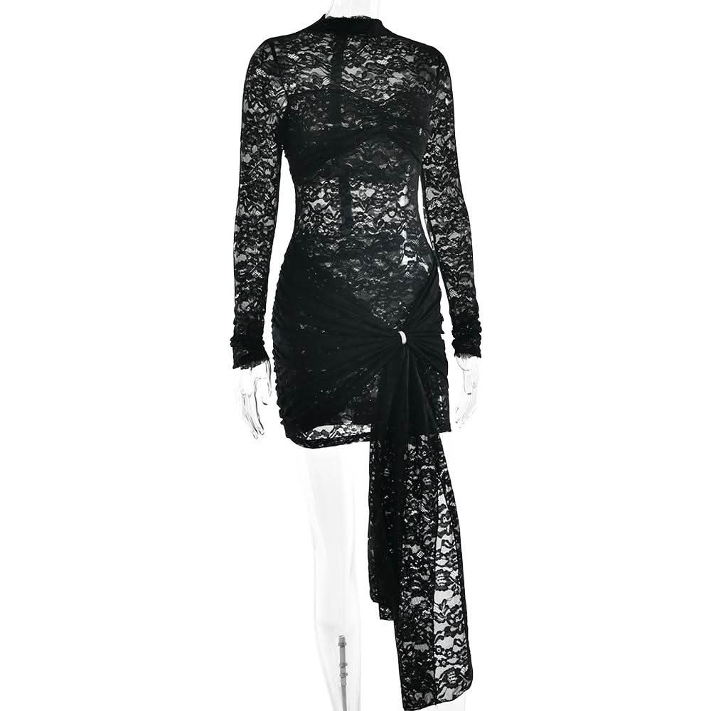 long sleeve dress festival Crewneck long sleeve lace o ring ruched mini dress
