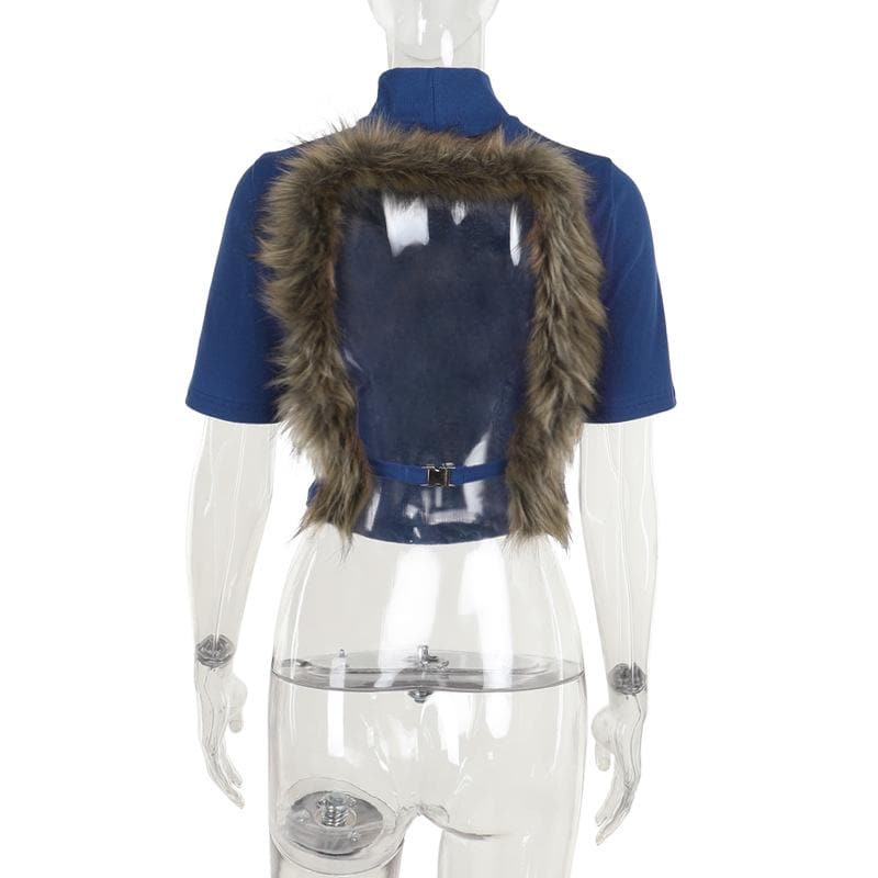 Short sleeve high neck fluffy backless top  | Festival Outfits Women