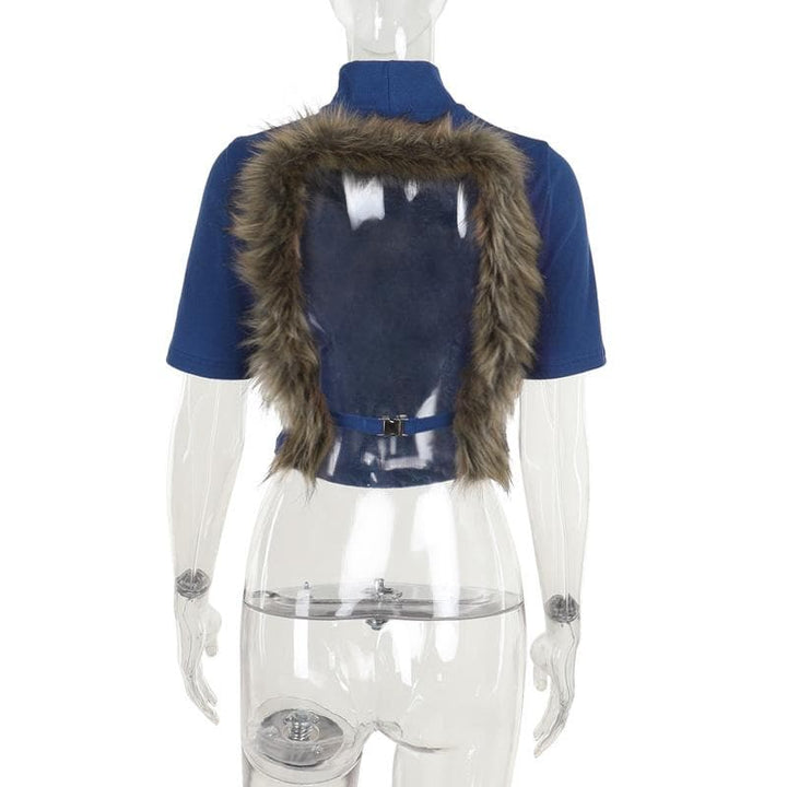 Short sleeve high neck fluffy backless top  | Festival Outfits Women