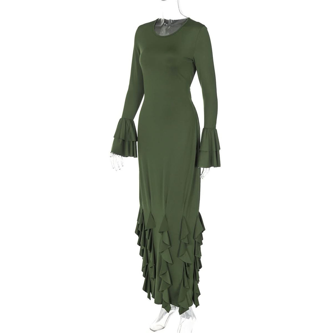 Long flared sleeve crewneck ruffle self tie maxi dress  | Festival Outfits Women