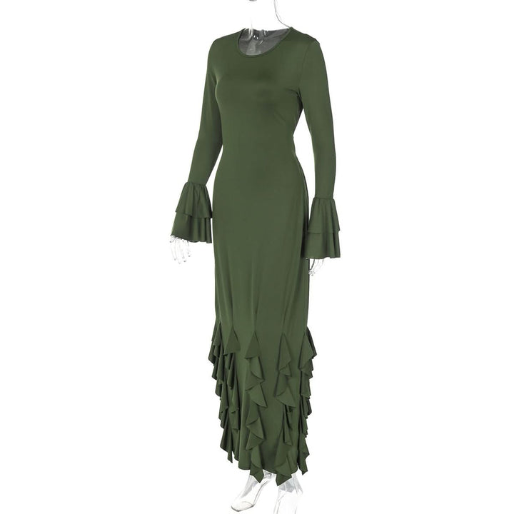 Long flared sleeve crewneck ruffle self tie maxi dress  | Festival Outfits Women