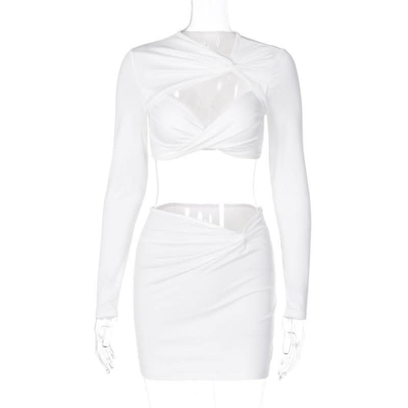 Knotted hollow out solid ruched long sleeve mini skirt set-final-sale  | Festival Outfits Women