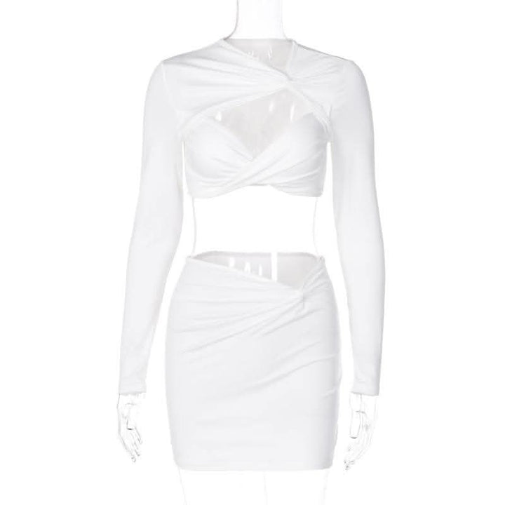 Knotted hollow out solid ruched long sleeve mini skirt set-final-sale  | Festival Outfits Women