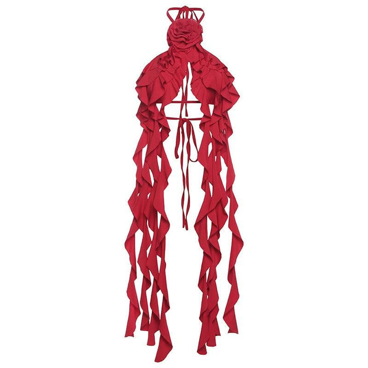 Halter flower applique ruffle backless top-final-sale