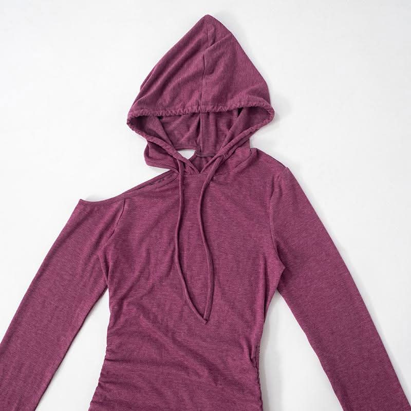 Hoodie long sleeve drawstring off shoulder mini dress  | Festival Outfits Women