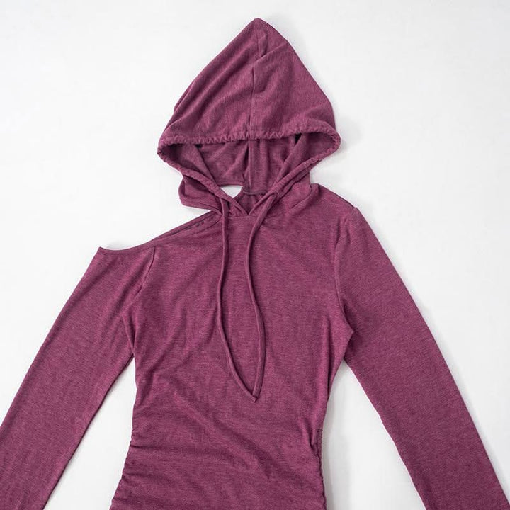 Hoodie long sleeve drawstring off shoulder mini dress  | Festival Outfits Women