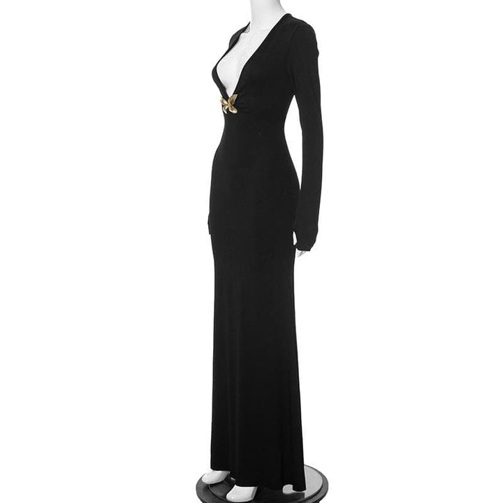 V neck long sleeve butterfly metal applique maxi dress-final-sale