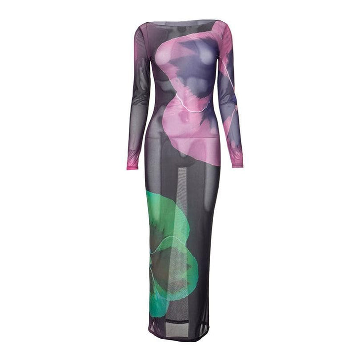 Riga mai dogon hannu mai sheer mesh print crewneck maxi | Kayan Biki na Mata