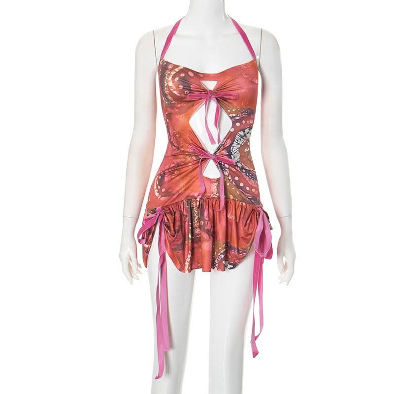Halter self tie ruched hollow out print cut out mini dress-final-sale
