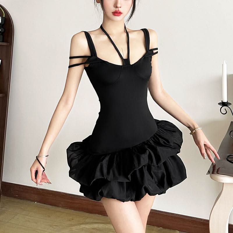 Halter self tie hollow out ruched solid cut out mini dress  | Festival Outfits Women-final-sale