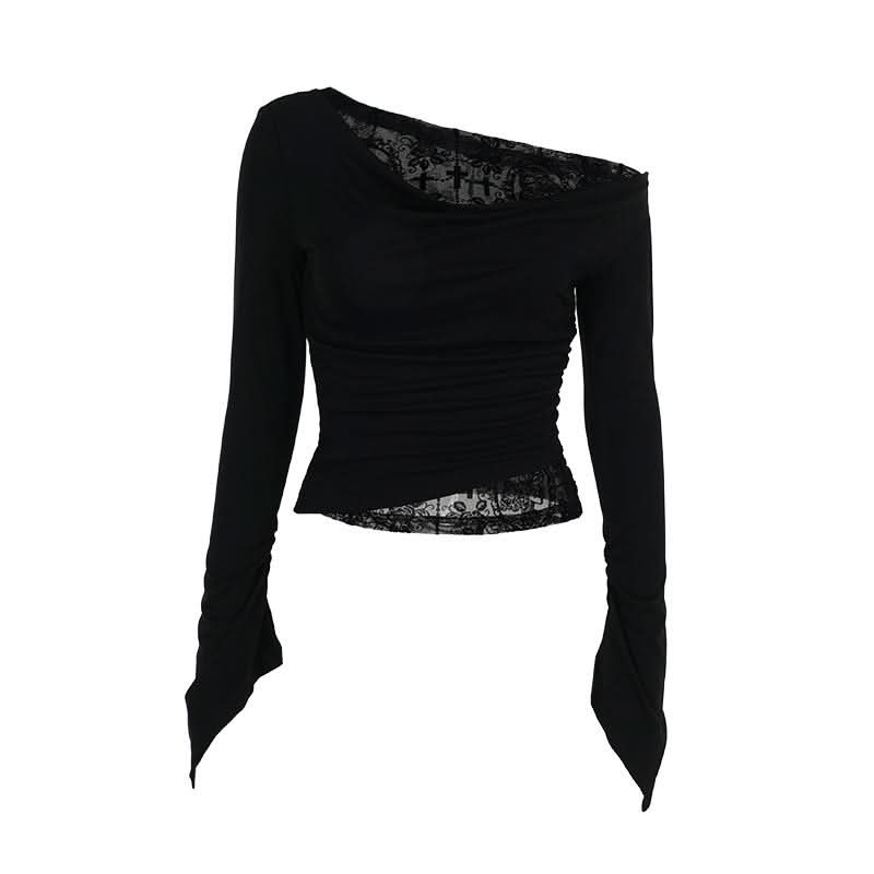 Off shoulder long flared sleeve mesh patchwork top  | Festival Outfits Women