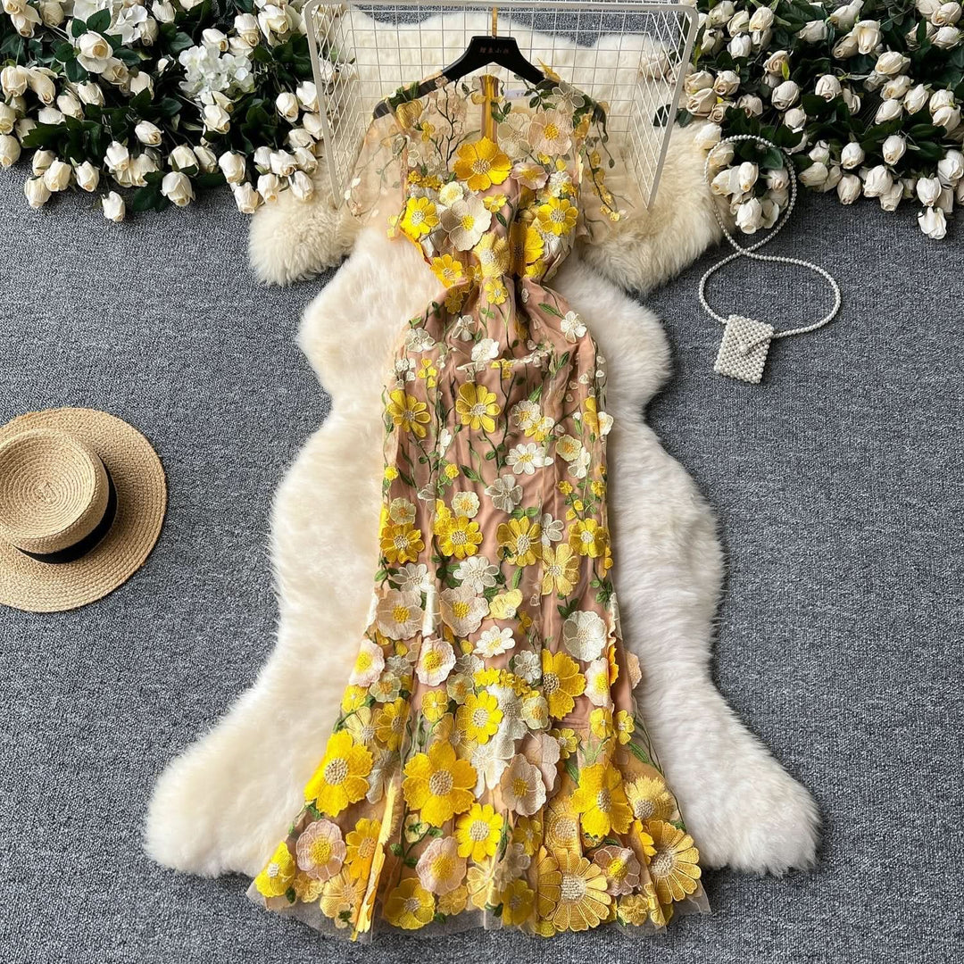 Crewneck short sleeve flower embroidery zip-up maxi dress  | Festival Outfits Women