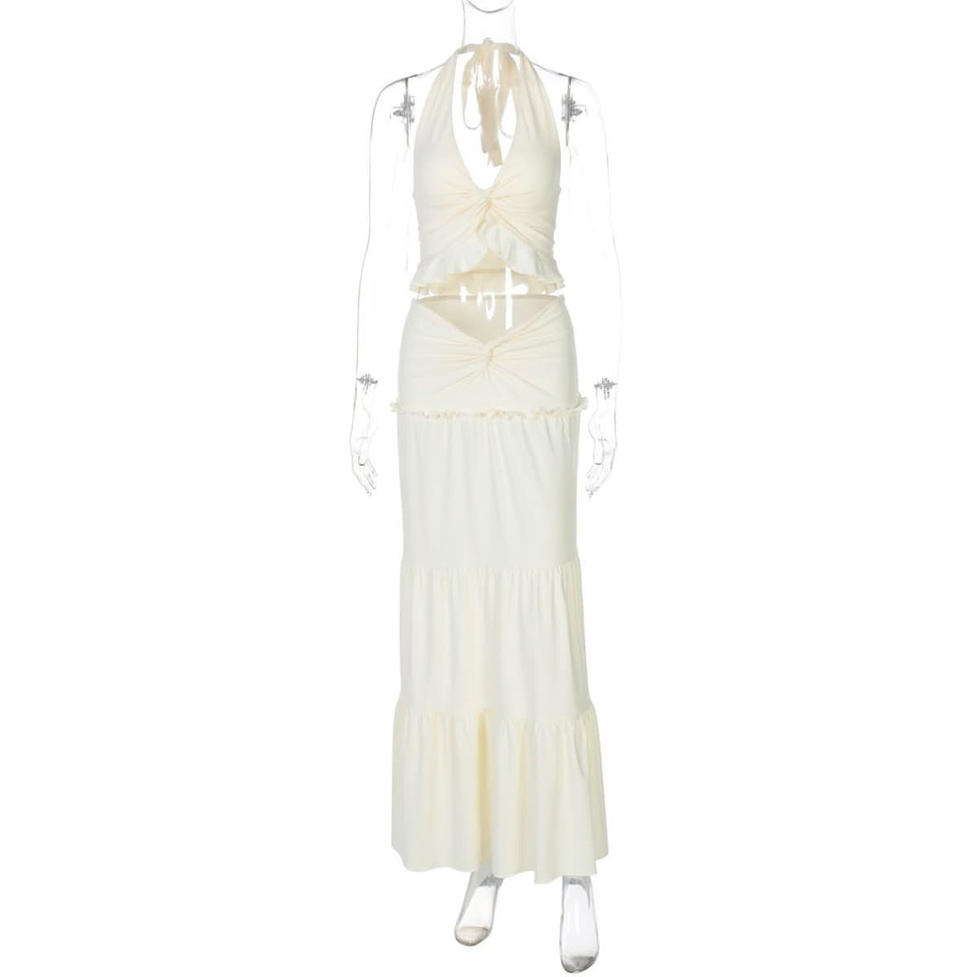 Halter v neck ruffle ruched maxi dress skirt set  | Festival Outfits Women