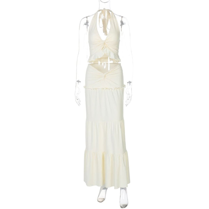 Halter v neck ruffle ruched maxi dress skirt set  | Festival Outfits Women