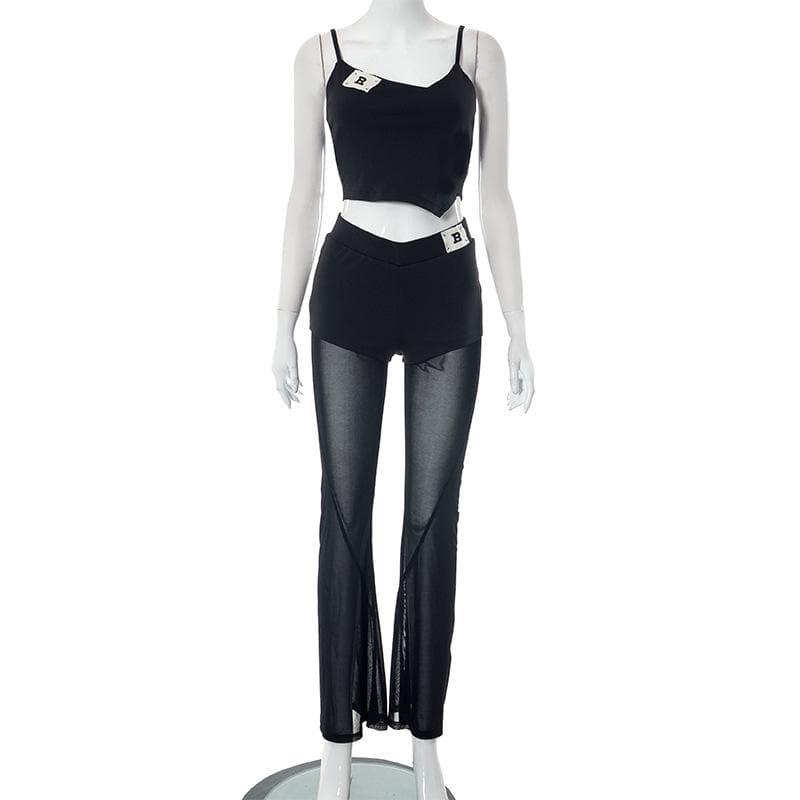 Mesh patchwork letter pattern cami pant set  | Festival Outfits Women-final-sale
