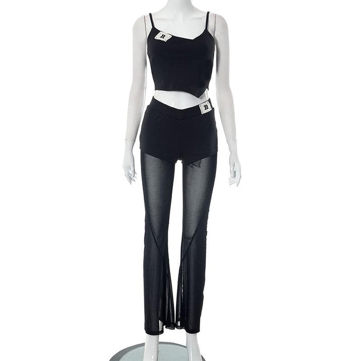 Mesh patchwork letter pattern cami pant set  | Festival Outfits Women-final-sale