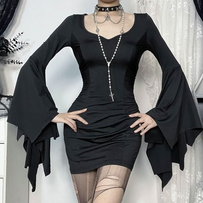 Ruched long flared sleeve v neck solid mini dress  | Festival Outfits Women
