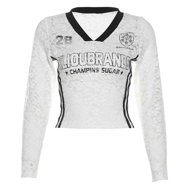 V neck long sleeve lace letter print see through top  | Festival Outfits Women
