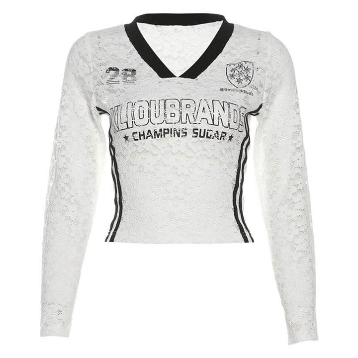 V neck long sleeve lace letter print see through top  | Festival Outfits Women