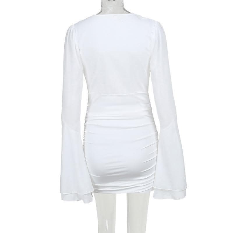 V neck long flared sleeve ruched irregular solid mini dress-final-sale  | Festival Outfits Women