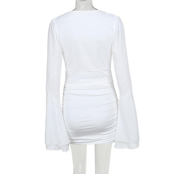 V neck long flared sleeve ruched irregular solid mini dress-final-sale  | Festival Outfits Women