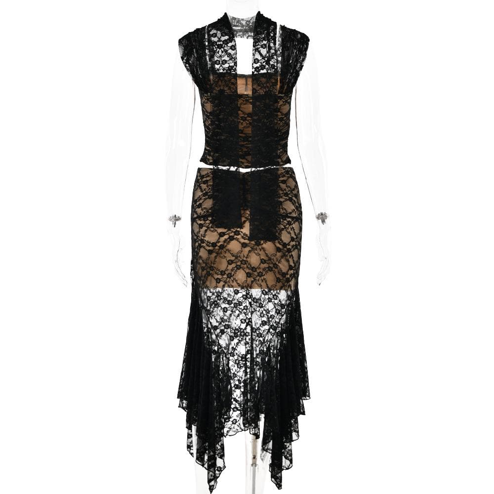 Cap sleeve lace ruffle ruched midi skirt set- Final Sale  | Festival Outfits Women