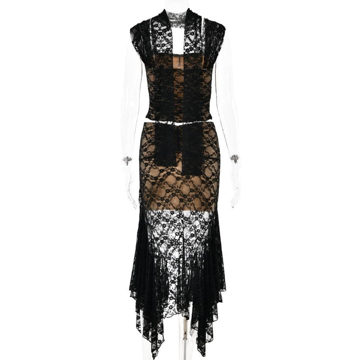 Cap sleeve lace ruffle ruched midi skirt set- Final Sale  | Festival Outfits Women
