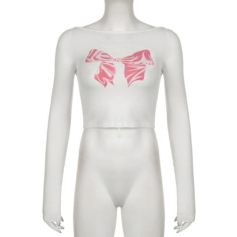 Long sleeve bowknot pattern contrast crop top  | Festival Outfits Women