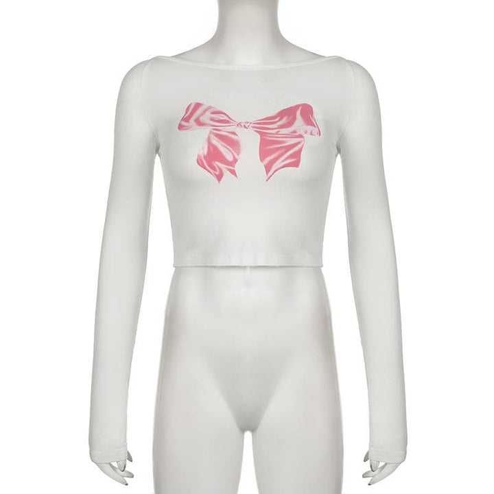 Long sleeve bowknot pattern contrast crop top  | Festival Outfits Women