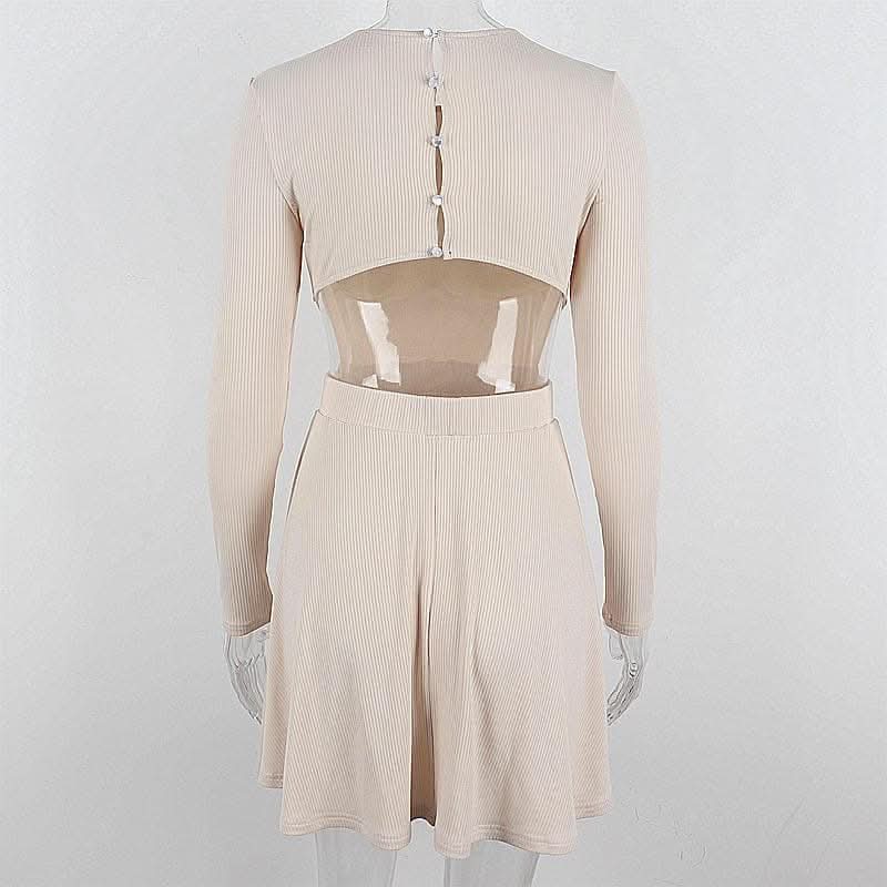 Ribbed long sleeve solid button hollow out crewneck cut out mini dress-final-sale  | Festival Outfits Women