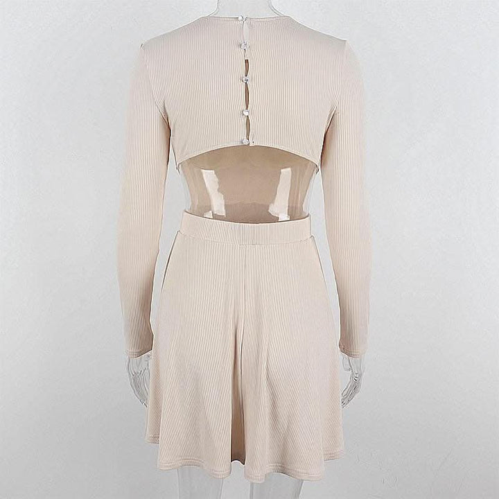 Ribbed long sleeve solid button hollow out crewneck cut out mini dress-final-sale  | Festival Outfits Women