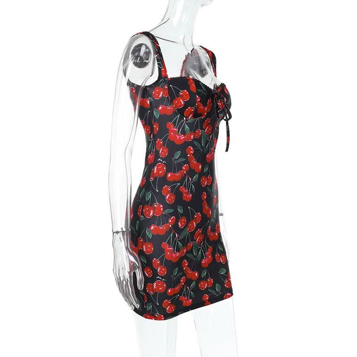 V neck cherry print backless mini dress  | Festival Outfits Women