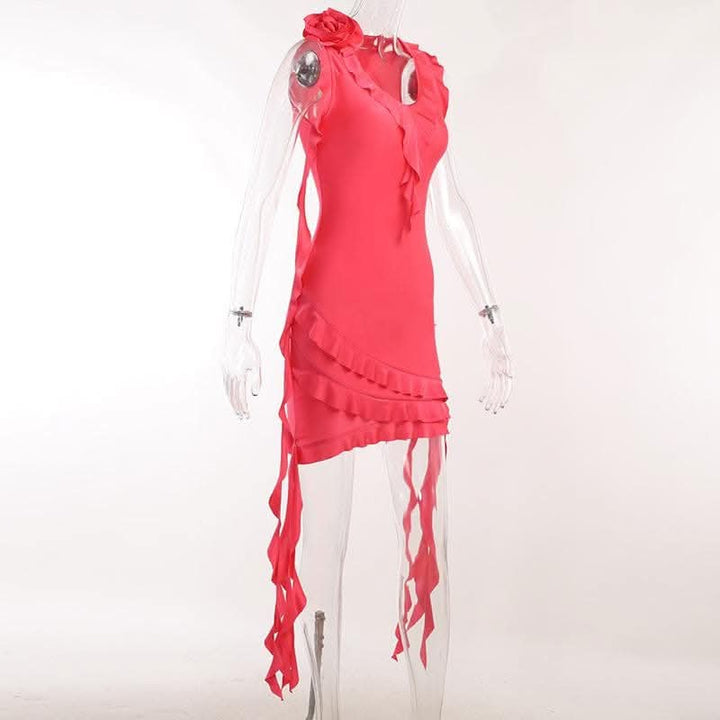 Sleeveless v neck ruffle flower applique ribbon mini dress-final-sale  | Festival Outfits Women