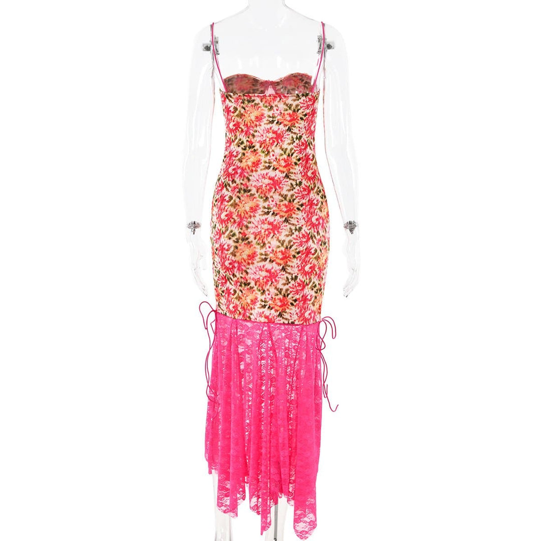 Lace patchwork ruffle knotted print cami midi dress  | Festival Outfits Women