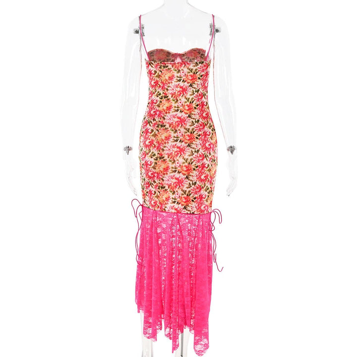 Lace patchwork ruffle knotted print cami midi dress  | Festival Outfits Women