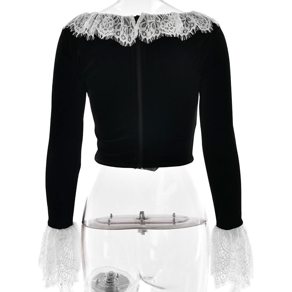 Long flared sleeve lace patchwork velvet zip-up top  | Festival Outfits Women