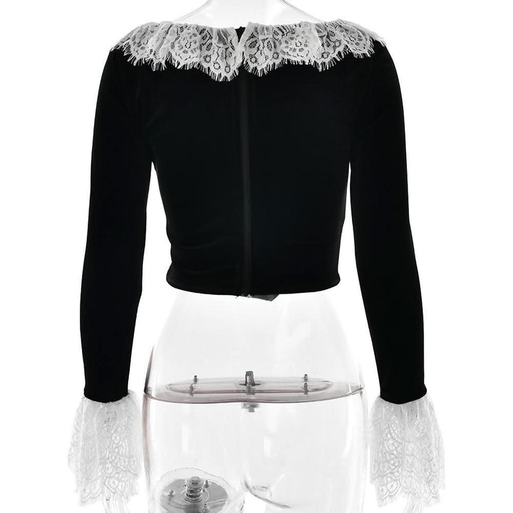 Long flared sleeve lace patchwork velvet zip-up top  | Festival Outfits Women