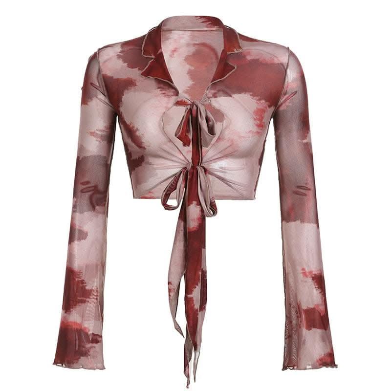 Sheer mesh see through long sleeve tie dye ruffle self tie crop top-final-sale | Mesh Long Sleeve Crop Top  | Festival Outfits Women