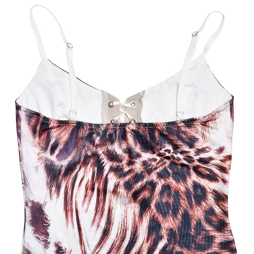 V neck self tie leopard print backless cami maxi dress  | Festival Outfits Women