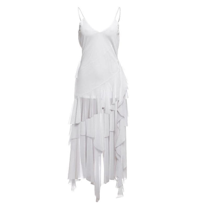 V neck sheer mesh ruffle cami midi dress-final-sale  | Festival Outfits Women