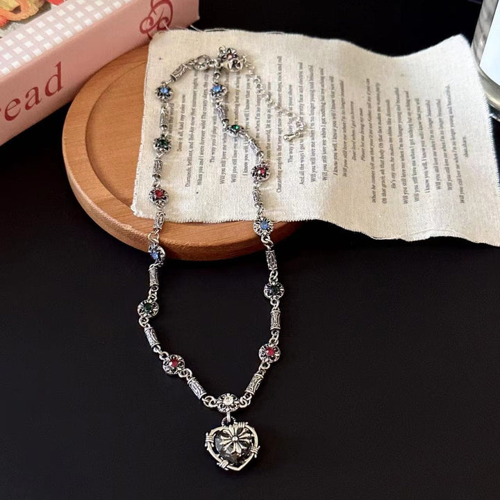 Heart pendant flower rhinestone necklace  | Festival Outfits Women