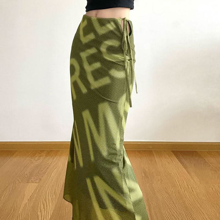 Mesh letter print hollow out self tie cut out maxi skirt  | Festival Outfits Women