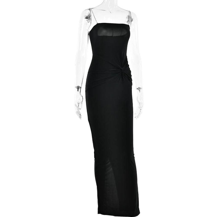 Metal chain square neck slit solid knotted maxi dress-final-sale  | Festival Outfits Women